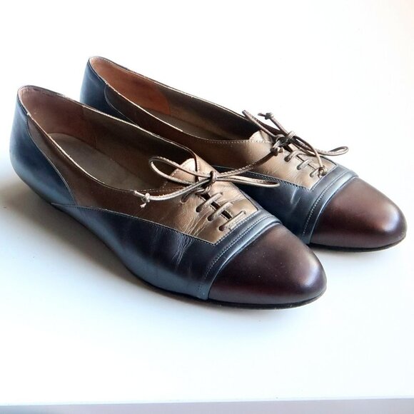 Amalfi Bronze & Grey Leather Cap Toe Low Wedge Heel Lace-up Shoes Size 7 - Picture 16 of 16